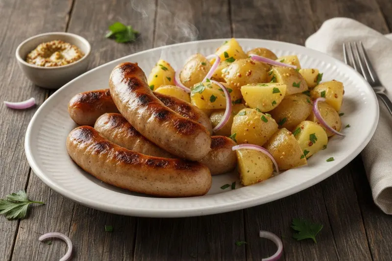 Bratwurst ja lämmin perunasalaatti
