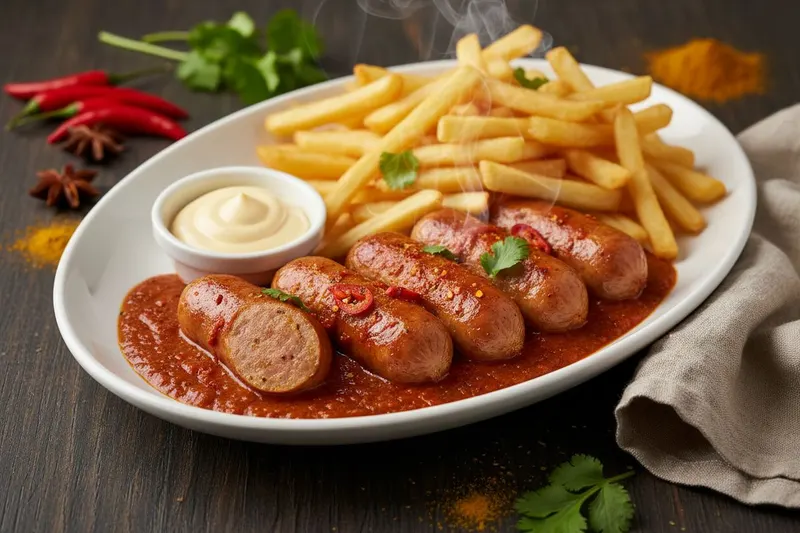 Currywurst chilikastikkeella ja ponzu-majoneesilla
