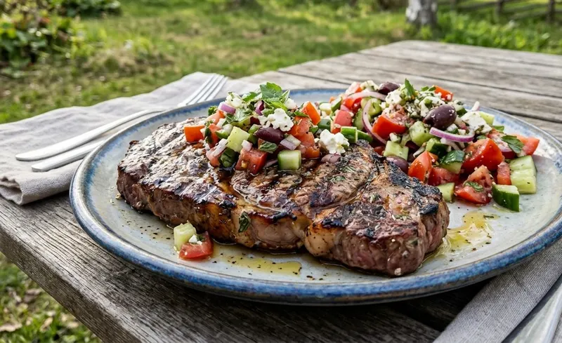 Entrecôte kreikkalaisella salsalla