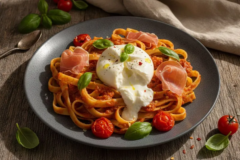 Ilmakuivattu kinkku-burratapasta