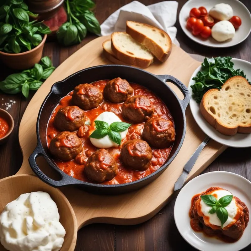 Italialaiset lihapullat tomaattikastikkeessa burratalla ja crostineilla