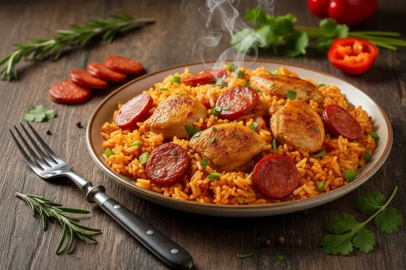Riisipaistos kanalla ja chorizolla