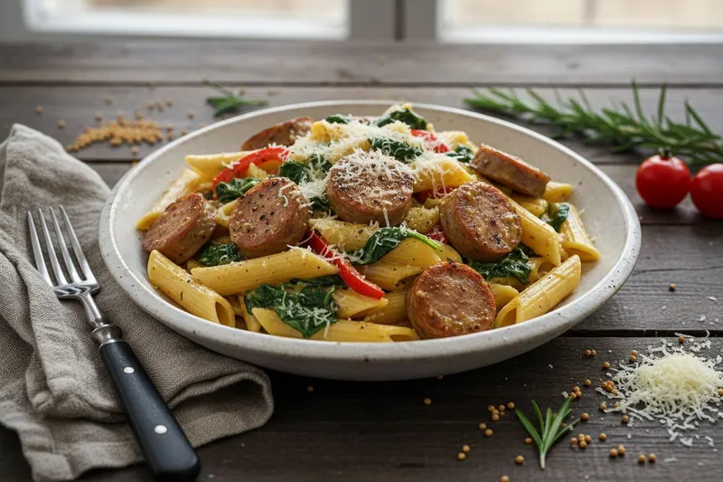 Kermainen pasta bratwurstilla ja pinaatilla