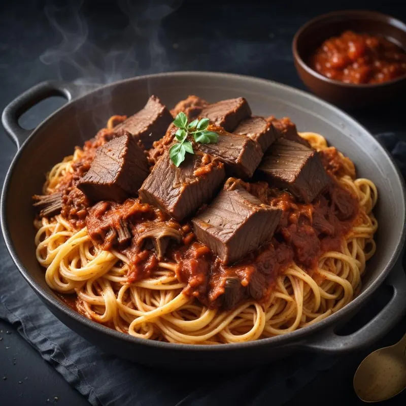 Spagetti uunissa haudutetulla naudan kylkiragulla