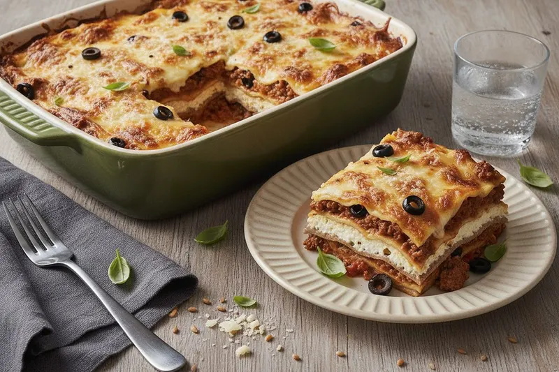 Täysjyvälasagne jauhelihalla ja oliiveilla